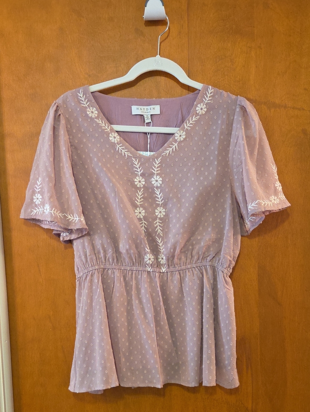 New With Tags. Hayden Dusty Pink Swiss Dot Peplum Top with Embroidery M